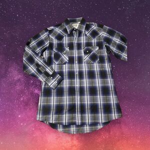 Ely Cattleman | Blue White Black Plaid Pearl Snap Long Sleeve Button Up Men Med